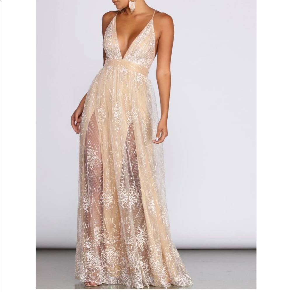 MONA FORMAL PLUNGING GLITTER DRESS